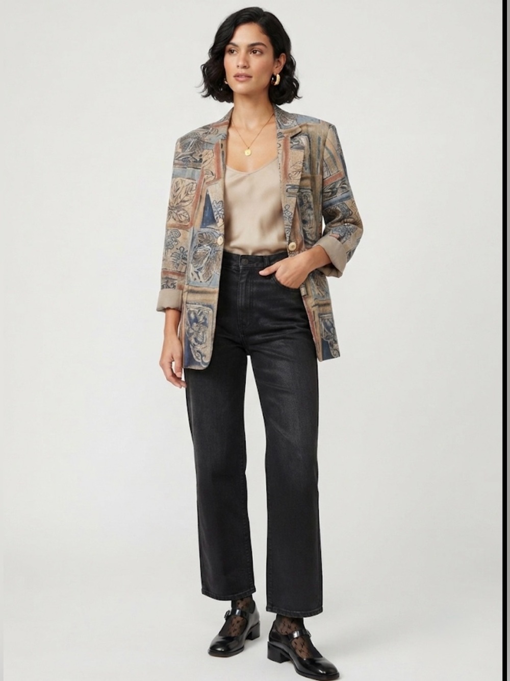 Vintage Toni Garment For CC Magic Tapestry Blazer Jacket Blue Tan - Large